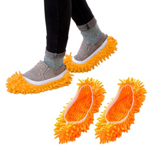 Mop Slippers Shoes for Women Men Foot Dust Duster Microfiber Dust Hair | Reusable Sweeper Cleaning Tool for House Bathroom Kitchen - color: Orange 1pair, size: F