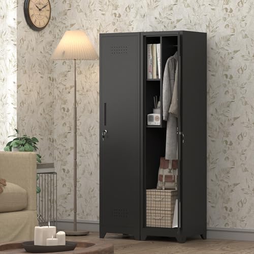 IRONFFICE Metal Utility Closet with Hanging Rod,Narrow Broom Closet with Door,Slim Laundry Storage Cabinet for Bathroo,Gym,Living Room,Black - size: 15.75"D x 15.75"W x 64.96"H-Black