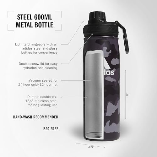 adidas Stainless Steel Metal Water Bottle 20 oz (600 mL) Screw Cap - color: Camouflage Carbon/Black/White