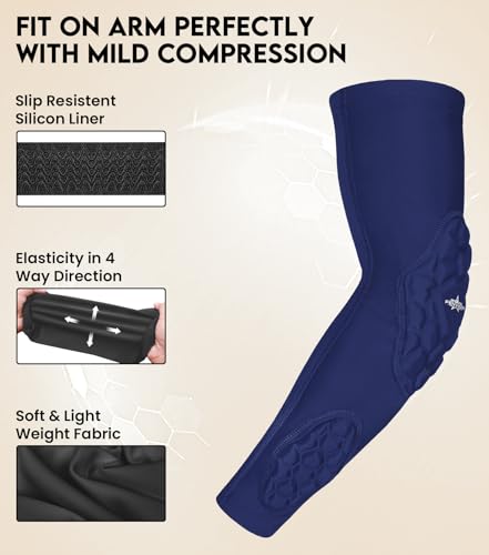Compression Padded Arm Sleeves for Youth & Adults - Elbow & Forearm Support - Breathable Football Padded Sleeves - color: Navy, size: Adult Small