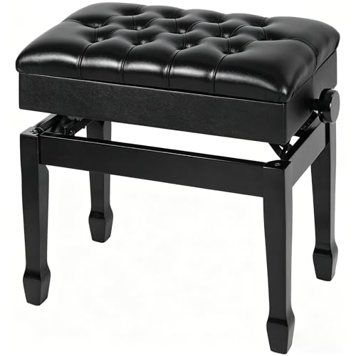 Adjustable Piano Bench with Storage, Glossy PU Leather Keyboard Stool, Heavy Duty Solid Birch Wood, Height Adjustable 19.7‑22.8”, for Home Practice & Studio, Black - color: Black Glossy
