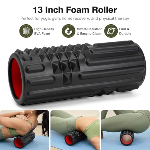 5 in 1 Foam Roller Set - Foam Roller for Legs, Muscle Roller Stick, Massage Ball, Resistance Band for Physical Therapy & Deep Tissue Muscle Massage (Black) - color: Black