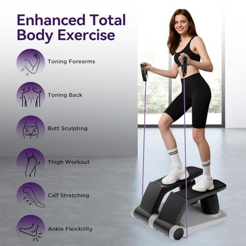 Air Stepper Exercise Machine with Resistance Bands, 5-Level Adjustable Resistance, 300 lb Capacity Stair Stepper with LED Monitor, Low-Impact Home Cardio and Full Body Workout Equipment - color: Gray/Black
