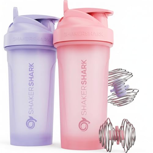 Hydra Cup ShakerShark - 2 Pack 28 oz Protein Shaker Bottles for Protein Mixes with 2x Weighted Wire Whisks, Leak Proof Shaker Cups for Protein Shakes and Pre Workout, (Pink/Purple) - color: Pink/Purple