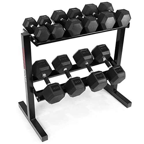 WF Athletic Supply Rubber Encased Hex Dumbbells with Rubber Grip Contoured Handle for Muscle Toning, Strength Building & Full Body Workout - color: w. 300LB Dumbbell Set w/ 2-Tier Rack