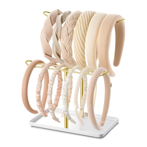 Headband Holder Organizer, 2-Tier T-bar Storage Stand with Tray for Hair Accessories Hairband Hair Clip, for Girls Women, Gold & White - color: White-gold