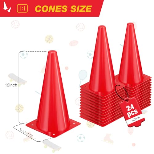 12 Inch Sports Cones Set of 24,Durable Training Cones for Soccer,Football, Basketball Drills - Multi-Purpose Agility Cones for Indoor & Outdoor Practice - color: red