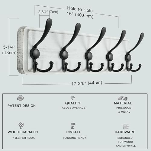 Dseap Coat Rack Wall Mounted - 5 Tri Hooks, Heavy Duty, Wooden Wall Coat Hanger Coat Hook for Clothes Hat Jacket Clothing, White & Black - color: White & Black, size: L=17.4"
