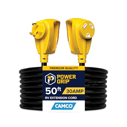 Camco PowerGrip 50-Ft 30-Amp Camper/RV Extension Cord - Standard Connectors | - 30-Amp Male & 30-Amp Female Connections, 10-Gauge Copper Wires w/Heat Resilient PVC Coating - Rated for 125V/3750W (55197) - size: 50-Foot, style: Standard End