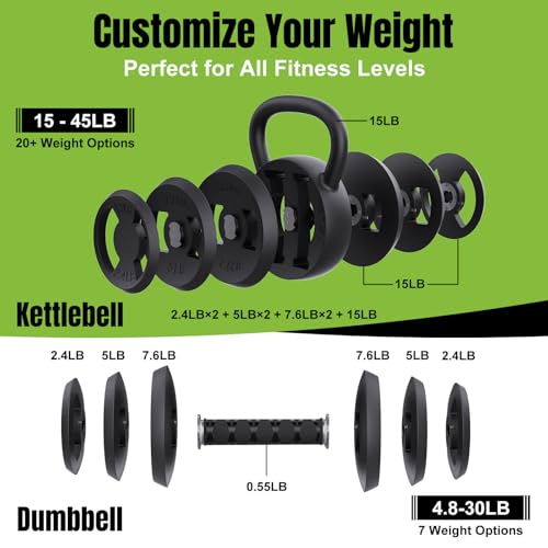 Hezeyferg 2-in-1 Adjustable Kettlebell for Home Gym Strength Training | 15-45 LB Kettlebells Weight Set, 4.8-30 LB Dumbbell Weights, with Wide Grip, for Men/Women Full Body Exercise - color: Black