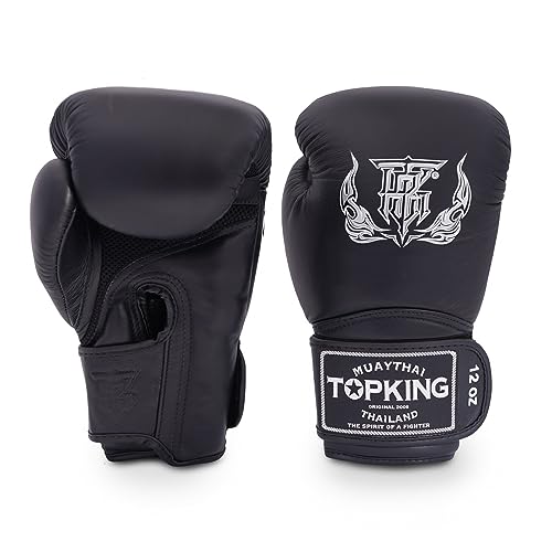 Top King Super Air Breathable Leather Gloves Muay Thai Boxing Gloves for Training or Sparring - 8oz, 10oz, 12oz, 14oz, 16oz - color: Black, size: 16oz