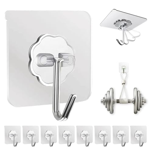 DDMY Adhesive Wall Hooks Clear 50lb(Max) Heavy Duty Hanging Sticky-10 Pack | Heavy Duty Hooks for Walls Hanging 50 lbs No Damage, Waterproof Sticky Transparent Ceiling Hook for Towel/Kitchen/Outdoor - color: Transparent, size: 10 Pieces