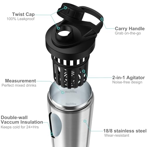 Greatyos Stainless Steel Shaker Bottle with Noise-Free Design - Patented 24 oz Insulated Metal Shakers Bottles Cup for Protein Mixes and Pre Workout 100% Leak Proof (Steel) - color: Steel
