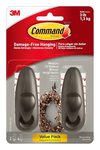 Command Forever Classic Medium Metal Wall Hook, Damage-Free Hanging Wall Hook with Adhesive Strips, Wall Hook for Hanging Back to School Dorm Organizers, 2 Metal Hooks and 4 Strips - size: Medium