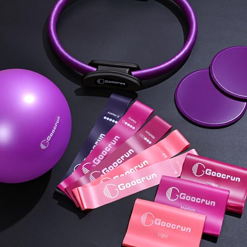 Goocrun Pilates Ring Set Exercise Equipment, with Exercise Resistance Bands Set, Pilates Ball, Sliding Disks. Portable Home Gym - with Fitness Guide Poster - color: Purple, size: Basic-level