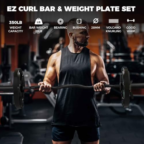 RitFit 2 Inch EZ Curl Bar with Weights, 350LBS Capacity Olympic Barbell for Bicep & Triceps, Home Gym Strength Training - style: Black(with 35LB Weights and Collar)