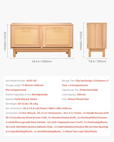 VEVOR Rattan Shoe Storage Bench, Entryway Bench with 2 Flip Drawers, Holds up to 300 lbs with 4 Compartments and 2 Rattan Doors, 39.4 x 11.8 x 20.9 Inches for Hallway, Living Room, Bedroom - size: 2 Rattan Doors