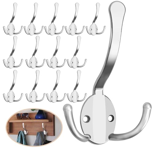 Homanu 14 Pack Coat Hooks Heavy Duty, Metal Three Prongs Large Coat Hooks Wall Mounted with 28 Screws, No Rust Silver Rustic Wall Hooks for Hanging Towel, Coat, Scarf, Bag, Hat, Cup, Key - color: 14 Pcs Silver