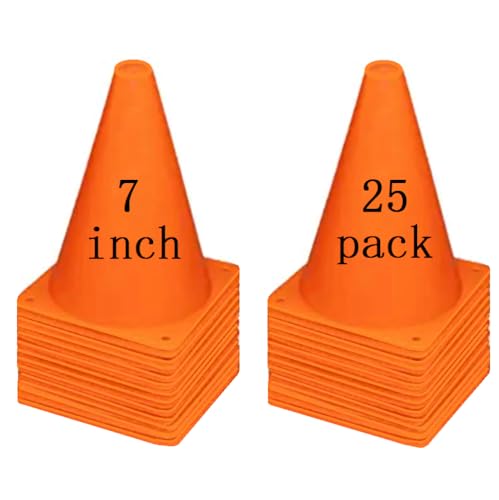 Soccer Cones (7 Inch 25 Pack), Agility Training Sports Cone Plastic with Carry Bag for Football Basketball Drills Field Markers, - color: Orange