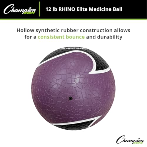 Champion Sports Rhino Elite Medicine Ball – Textured Surface, Superior Grip, Hollow Synthetic Rubber for Consistent Bounce & Durability, Multiple Weights & Colors - Optional Rebounder Sold Separately - style: 12 Pounds - Purple