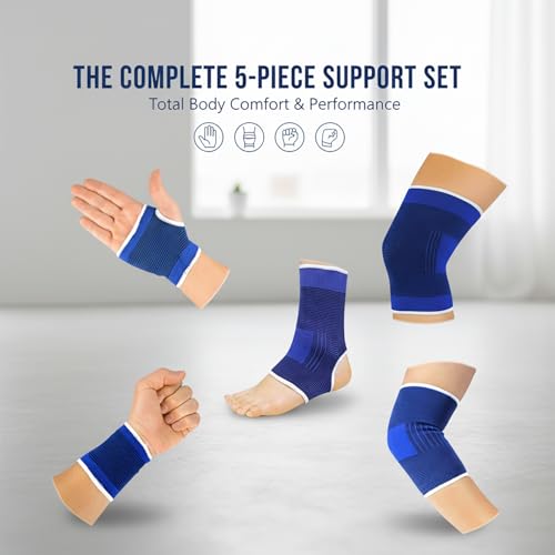 10-Piece Compression Support Brace Set for Knee, Elbow, Wrist Palm & Ankle | Joint Muscle Pain Sleeves For Gym Workout Recovery, 5 Pairs Of Athletic Braces For Sports Injury, Arthritis, Men & Women.