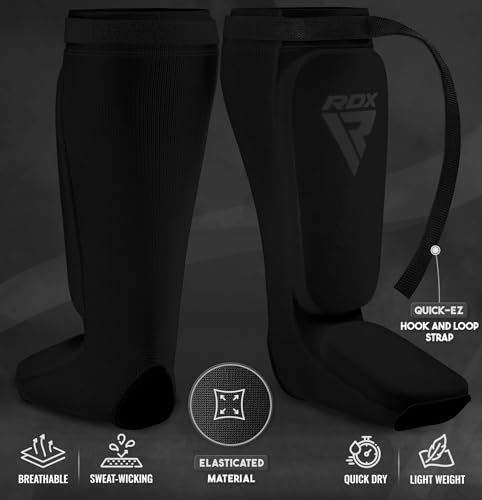 RDX Shin Guards Kickboxing Muay Thai, SATRA Approved, MMA Leg Instep Protection Pads, Sparring Training Martial Arts Boxing, Elasticated Padded Protector, Karate BJJ Taekwondo Gear, Men Women - color: Full Black, size: Large