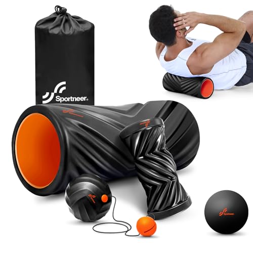 Sportneer 4 in 1 Pilates Foam Roller Muscle Relax Kit | with 2 Textured Foam Rollers Stringed Exercise Ball, Lacrosse Ball for Muscle Shoulder Back Leg Whole Body Relax Fitness Yoga - color: Black