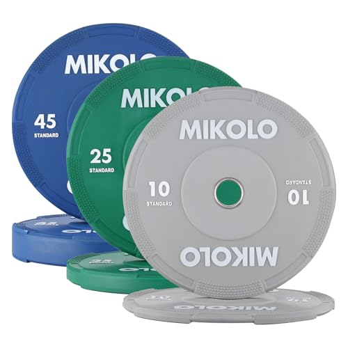 Mikolo Olympic Bumper Plates Set, 100% High-Density Low-Bounce Rubber Weight Plates with Steel Inserts, IWF Color-Coded Quiet Barbell Plates for Deadlifts, Squats & Home Gym Strength Training (Weights: 45 * 2-230LB) - style: 160LB SET(10+25+45,PAIR)