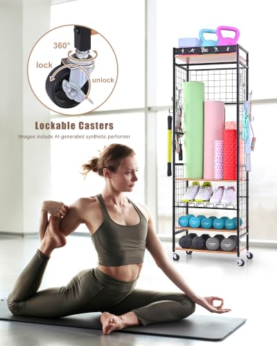 Mythinglogic Home Gym Storage Rack with Wheels for Dumbbells and Yoga Mats | Versatile storage with shelves, hooks and side holders for kettlebells, foam rollers, bands, weight plates and gym gear - color: Black+Brown