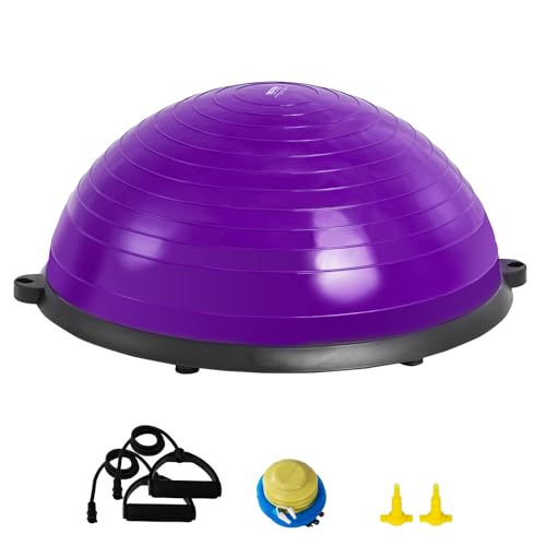 VEVOR Half Exercise Ball Trainer, 23/26 inch Balance Ball Trainer, 1500lbs Capacity Stability Ball, Yoga Ball with Resistance Bands & Foot Pump, Strength Fitness Ball for Home Gym Full Body Workout - color: 23" Ripple Purple