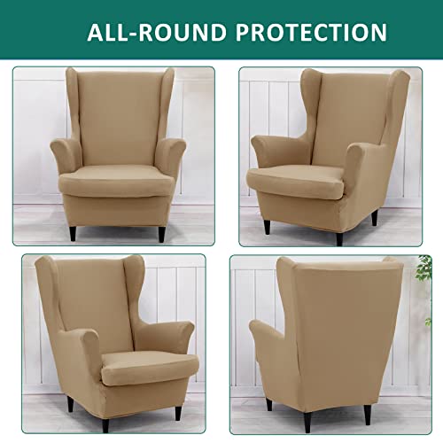 NILUOH Wingback Chair Cover 2-Piece Soft Stretch Wing Chair Slipcover Solid Color Armchair Sofa Couch Cover Furniture Protector with Elastic Bottom for Living Room Bedroom (Khaki) - color: Khaki