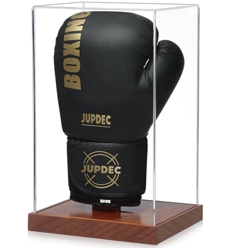 JupDec Boxing Glove Display Case, Clear Acrylic Showcase with Wood Base & Plank for Single Glove, Full Size UV Protection Souvenirs and Collectibles Box, Ideal Gift for Boxing Fans - size: 1 Pack