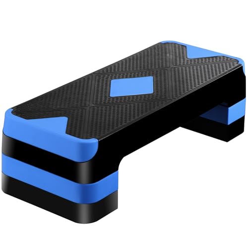 JupiterForce 26.5" Height Adjustable Step Aerobic Platform with 4 Risers, Exercise Workout Stepper for Home Training, Gym Fitness, 4''- 6'' - 8'', 400 lbs Capacity - color: Blue