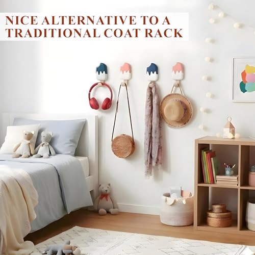 GOMARO 6 Pack Cute Wall Hooks Ice Cream Shape for Kids Room Colorful Adhesive Coat Hooks for Backpacks Keys Creative Towel Hangers Kids Bathroom Decorative Kitchen Nursery Wall Mounted Organization