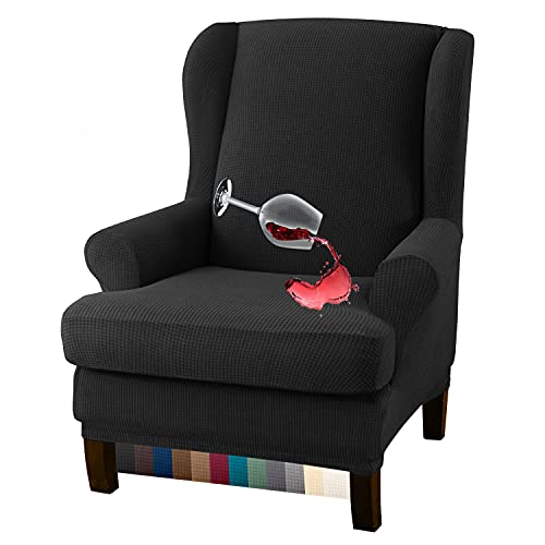 Granbest Premium Water Repellent Wingback Chair Cover 2-Piece High Stretch Jacquard Fabric Wing Back Chair Slipcovers (Wing Chair Cover, Black) - color: Black