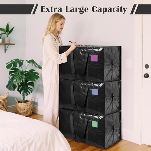 6 Pack Moving Bags with Full-Open Side Zipper, Extra Large 93L Heavy Duty Waterproof Foldable Storage Totes for College Dorm, Moving & Home Organization Black - color: Black, size: 6 Pack