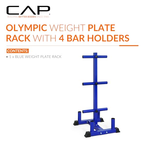 CAP Olympic Bumper Plate Tree Rack with Barbell Holders, Heavy-Duty Weight Plate Storage Rack for Home Gym, Steel Olympic Plate Organizer Stand, Multiple Color & Size Options - color: Blue, size: 6-Plate Posts / 4 Bar Holders