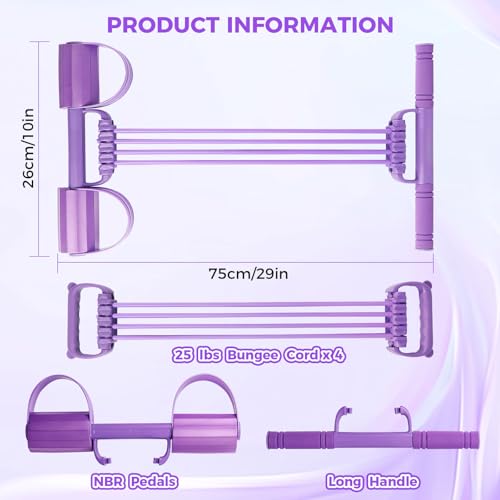 Pedal Resistance Band with Handle, Sit Up Exercise Equipment | Upgraded 8-tube multifunction pedal resistance band for home gym. Non-slip foam handles and foot pedals for full body workout - color: Purple
