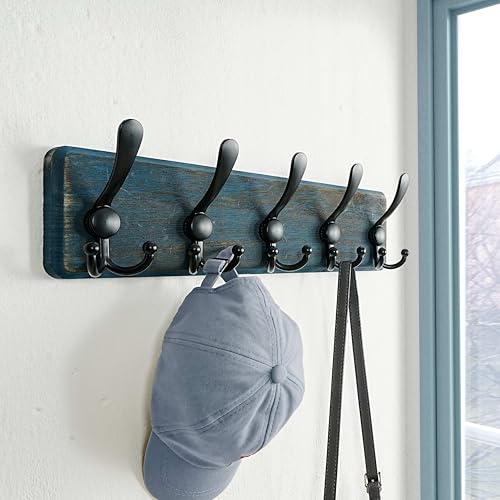 Dseap Coat Rack Wall Mount - Heavy-Duty Robust Barnwood-Style Wooden Wall Coat Hanger Hook Rail with 5 Triple Hooks for Winter Coats Hat Jacket Clothing, Weathered Blue & Black - color: Weathered Blue & Black, size: L=17.4"