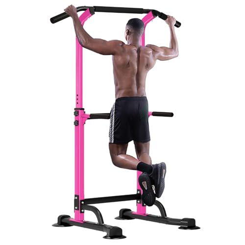SogesHome Power Tower Pull Up Bar and Dip Station, Height Adjustable Dip Stand Exercise Machine for Home Gym, Multi-Functional Free Standing Strength Training Fitness Workout Station - color: Pink