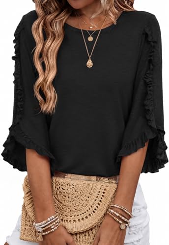 3/4 Length Sleeve Womens Tops Crewneck Ruffle Sleeve Shirts Dressy Casual Blouse Summer Fall Fashion Business Outfit - color: Black, size: Medium