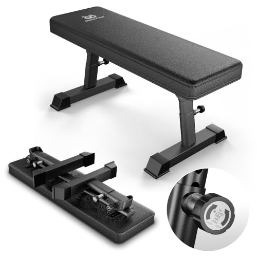 Flat Weight Bench Foldable 1300 LBS Capacity Adjustable Home Gym 5-Level Height Adjustment, 2.5" thick cushion, sturdy T-legs, Commercial-grade Flat Bench, Compact Storage for Home Workouts Man Woman