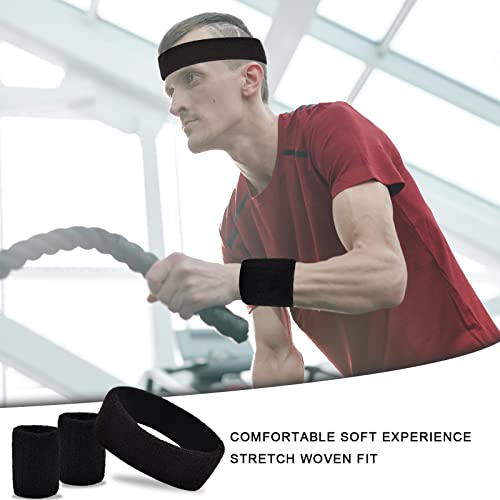 BLMHTWO 3 Pieces of Sweat Band Set, Headbands for Men Kids Sweatbands Including 1 Headband and 2 Wristbands Black Cotton Super Soft and Comfy Sweatband for Tennis Working Out Boxing Gym - color: black