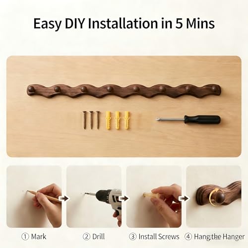 Wood Coat Rack Wall Mount -8 Pack Walnut Coat Hooks for Hanging Clothes,Keys, Robes,Purse,Towels,Bags,Backpack, Modern Decorative Wall hooks Heavy Duty Hanger Organizer for Bathroom,Entryway & Bedroom - size: 8 Hooks