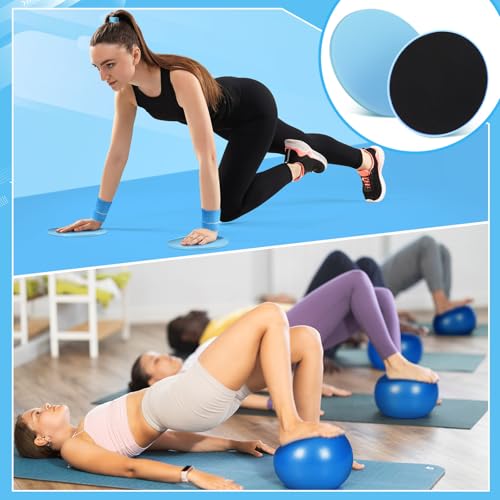 Poen 18 Pcs Home Pilates Kit for Women Pilates Ball and Ring Circle Set Yoga Fitness Essential with 5 Resistance Band Stretching Strap Non Slip Sock Ball Core Slider Wristband Headband Gym Bag - color: Blue