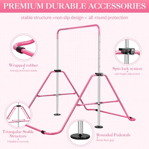 Expandable Gymnastics Bars with Ring, Adjustable Height Gymnastic Horizontal Bars, Gym Junior Training Bar Children Folding Training Monkey Bars for Kids - color: Mat+Pink