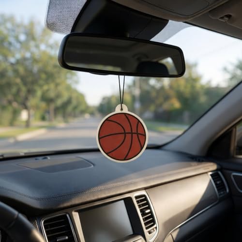 Basketball Car Air Freshener, 4-Pack, Long Lasting Black Cologne Scent, Basketball Gift for Players, Coaches & Fans, Sports- Inspired Hanging Car Accessories, Ideal for Cars, Lockers, Bags and more
