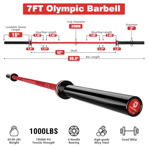 7ft Olympic Barbell 28mm 45lb – 500/700/1000LB Bar for Home Gym | Ceramic coated steel. Smooth spinning sleeves. Fits 2" plates. For snatch, clean and jerk, squats, deadlifts, bench press. - color: Red-1000LBS