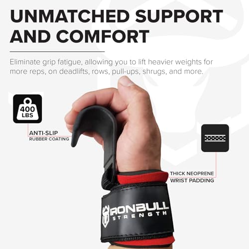Iron Bull Strength Weight Lifting Steel Hooks (Pair) – Heavy Duty Lifting Wrist Straps - Deadlift Straps for Powerlifting- Thick Padded Workout Hook – Weightlifting Gloves for Heavy Lifting