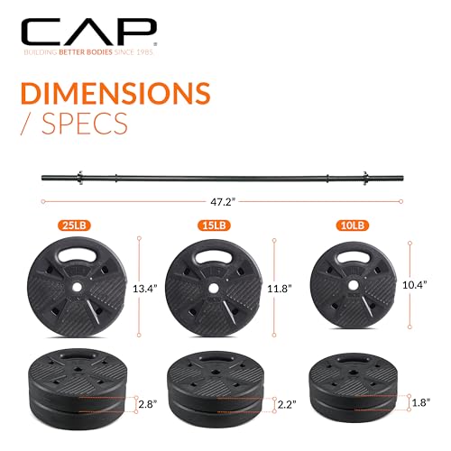CAP Threaded Barbell Set with 100 LB Cement Grip Plates | 47" Threaded Bar, 25LB / 15LB / 10LB Grip Plates, Star Collars, Home Gym Weight Set for Strength Training